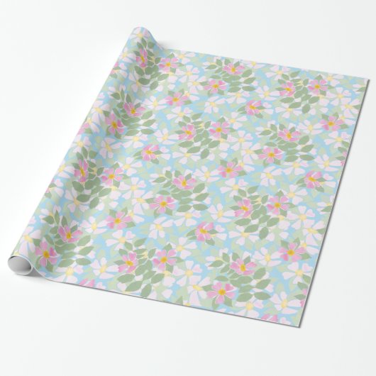  roze Dogroses op Sky Blue Wrapping Paper Cadeaupapier (Uitgerold)