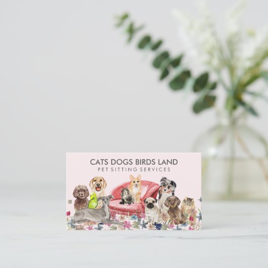 Roze dogs Cat Bird Hotel Sofa Pet Sitting Grooming Visitekaartje (Staand voorkant)