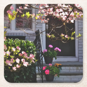 Roze Dogwood en Pots of Geraniums Kartonnen Onderzetters