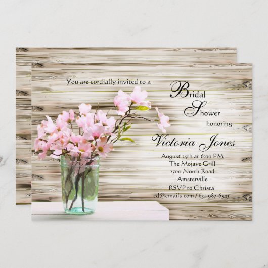 Roze Dogwood in Mason Jar Invitation Kaart (Voorkant / Achterkant)