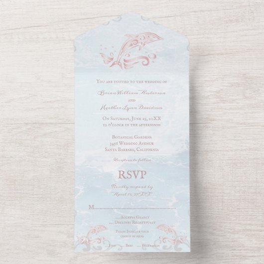 Roze dolfijn in één bruiloft all in one uitnodiging (Binnen)