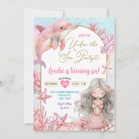 Roze Dolfijn Zeemeermin Zee Party Verjaardag Meisj Kaart (Voorkant)