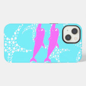 Roze dolfijnen op turkooisblauw patroon iPhone hoesje (Achterkant horizontaal)
