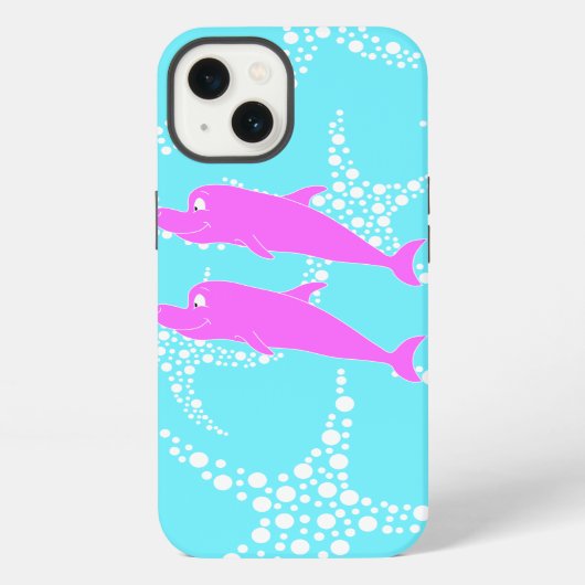 Roze dolfijnen op turkooisblauw patroon iPhone hoesje (Achterkant)