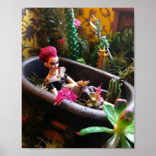 Roze doll in een Rusty Bathtub in de woestijn Poster (Voorkant)