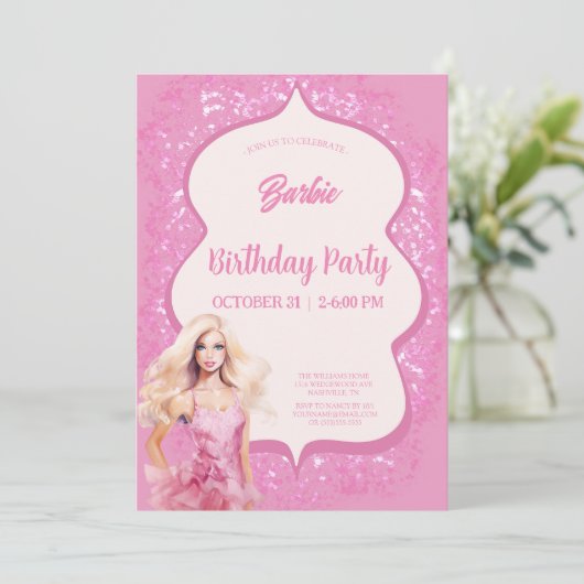 Roze Doll Meisje Verjaardagsfeestje Kaart (Staand voorkant)