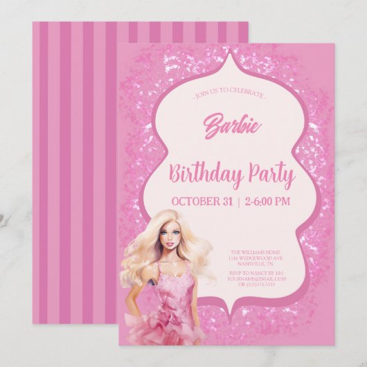 Roze Doll Meisje Verjaardagsfeestje Kaart (Voorkant / Achterkant)