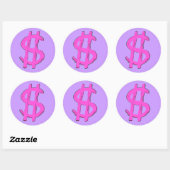 Roze dollarteken ronde sticker (Vel)