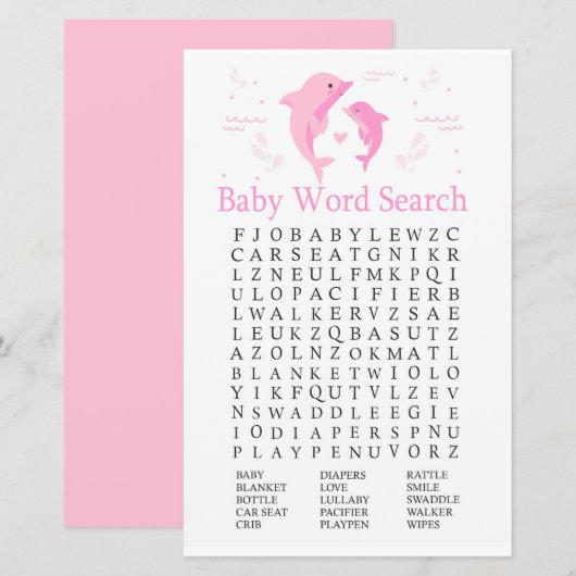 Roze Dolphin Baby shower Word Search Game (Voorkant / Achterkant)