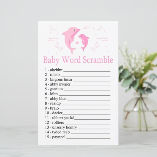 Roze Dolphin Baby word scramble game (Staand voorkant)