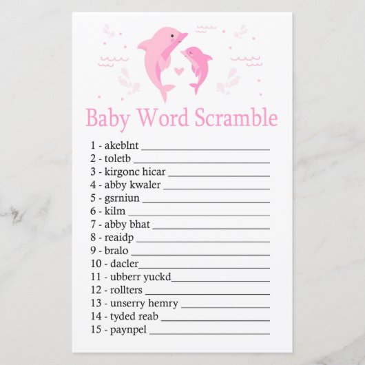 Roze Dolphin Baby word scramble game (Voorkant)