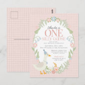 Roze Domme Gans Bloemengingham Eerste Verjaardag Briefkaart (Voorkant / Achterkant)