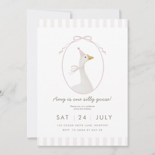 Roze Domme Gans Eerste Verjaardagsuitnodiging Kaart (Voorkant)