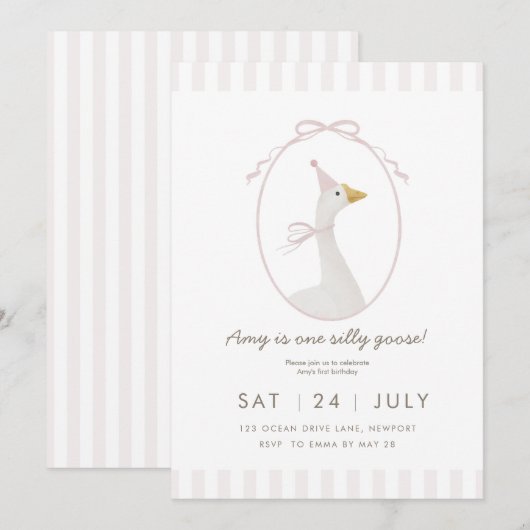 Roze Domme Gans Eerste Verjaardagsuitnodiging Kaart (Voorkant / Achterkant)