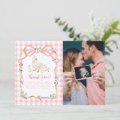 Roze Domme Gans Gingham Bloem Foto Bedankkaart (Staand voorkant)