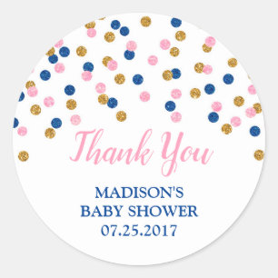 Roze, donkerblauwe gouden Stippen Baby shower Favo Ronde Sticker