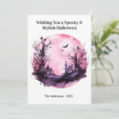 Roze Donkere Enge Halloweenkaart Feestdagenkaart (Staand voorkant)