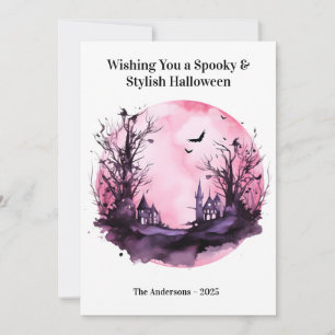 Roze donkere enge Halloweenkaart Feestdagenkaart