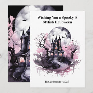 Roze donkere enge Halloweenkaart Feestdagenkaart