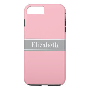 Roze, donkergrijze monogram, naam zwart lint Case-Mate iPhone case