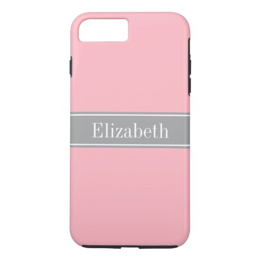 Roze, donkergrijze monogram, naam zwart lint Case-Mate iPhone case (Achterkant)