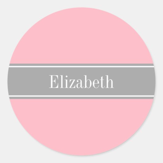 Roze, donkergrijze monogram, naam zwart lint ronde sticker (Voorkant)