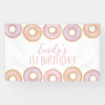 Roze Donut 1st Birthday Party Banner Backdrop