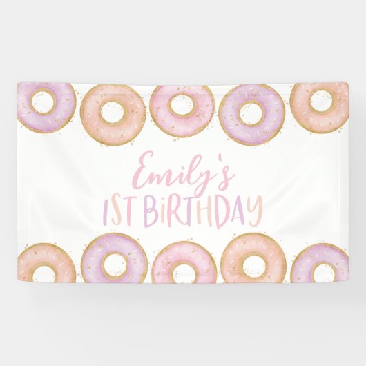 Roze Donut 1st Birthday Party Banner Backdrop (Horizontaal)