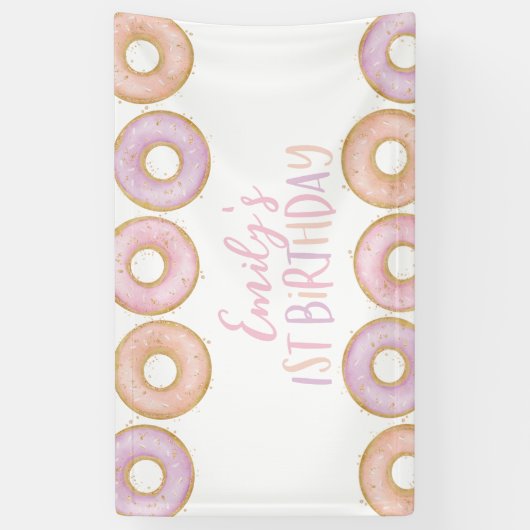 Roze Donut 1st Birthday Party Banner Backdrop (Verticaal)