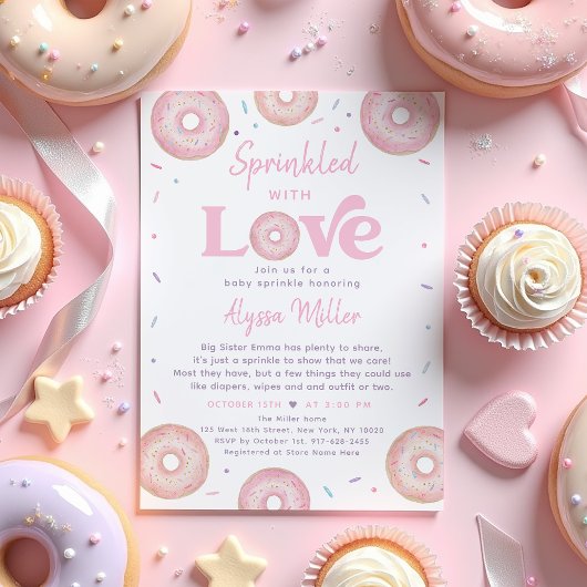 Roze Donut Baby Sprinkle besprenkeld met liefde Kaart