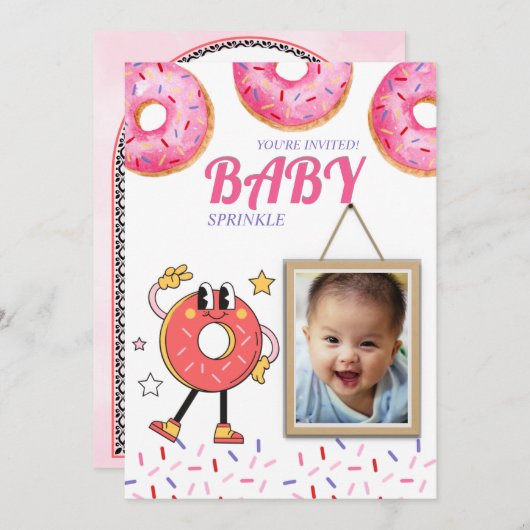 Roze Donut Baby Sprinkle uitnodiging. Kaart (Voorkant / Achterkant)