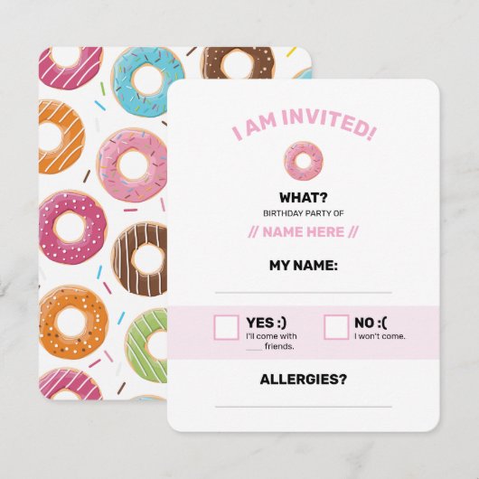 roze donut bewerkbaar RSVP kaartje (Voorkant / Achterkant)