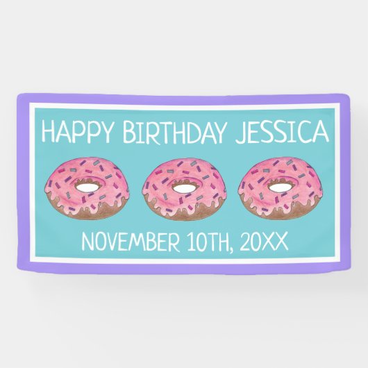 Roze donut donut verjaardagsfeestje ontbijt spandoek (Horizontaal)
