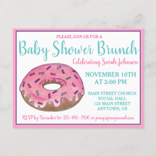 Roze Donut Doughnut Baby Shower Verjaardagsfeestje Uitnodiging Briefkaart