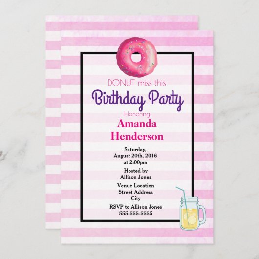 Roze donut en Fancy feestdag limonade Kaart (Voorkant / Achterkant)