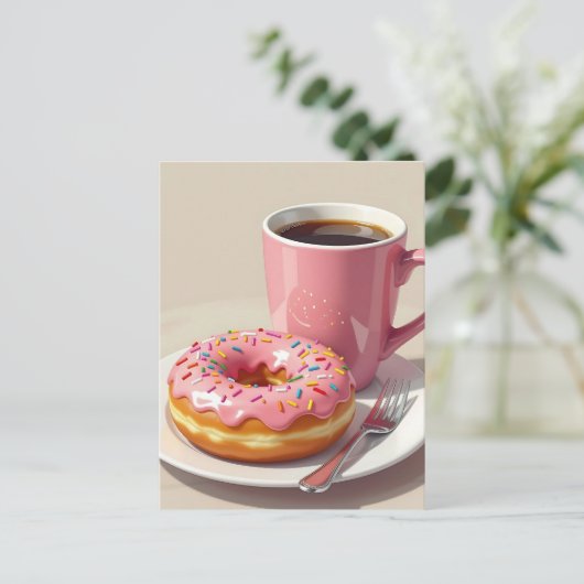 Roze donut en koffie | Contact houden Briefkaart (Staand voorkant)
