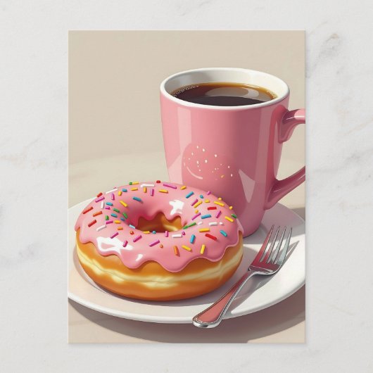 Roze donut en koffie | Contact houden Briefkaart (Voorkant)