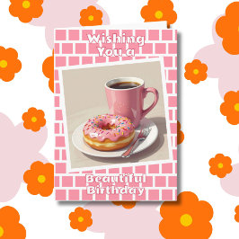 Roze donut en koffie Happy Birthday gepersonalisee Kaart
