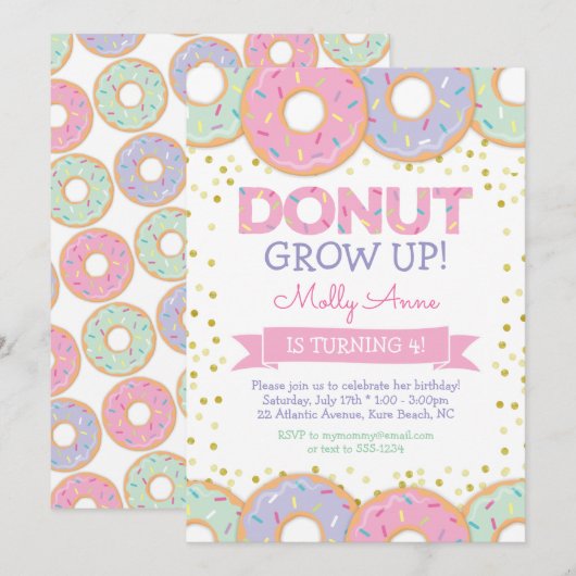 Roze Donut Meisje Verjaardag Uitnodiging Gouden Sp (Voorkant / Achterkant)