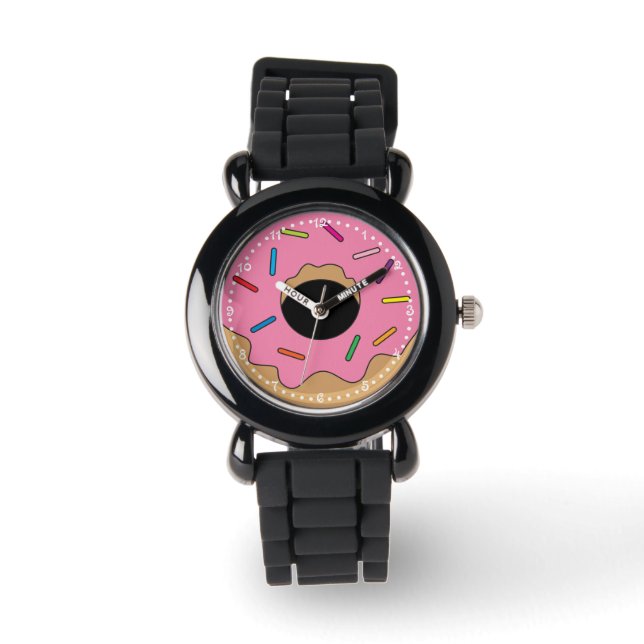 Roze Donut met springen Horloge (Voorkant)