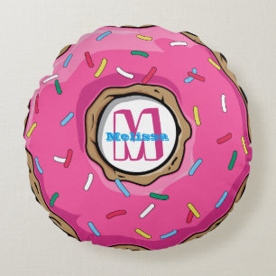 Roze Donut met Sprinkles Monogramed Rond Kussen