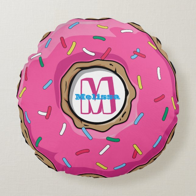Roze Donut met Sprinkles Monogramed Rond Kussen (Voorkant)