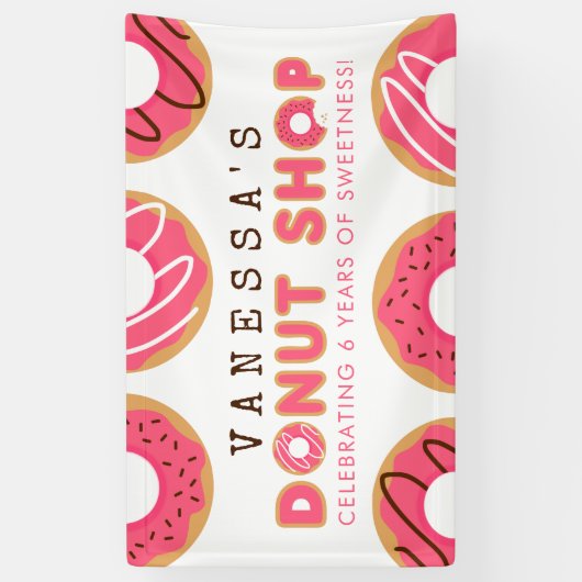 Roze Donut Shop Birthday Party Spandoek (Verticaal)