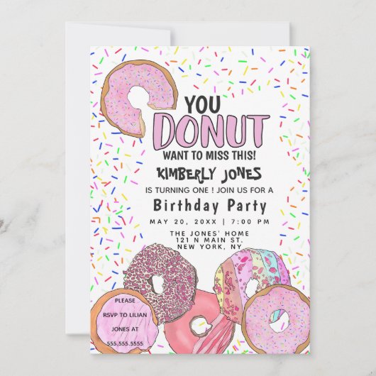 Roze Donut Sprinkle Confetti Verjaardagsfeest Kaart (Voorkant)