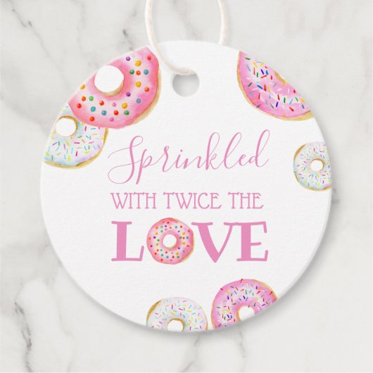 Roze Donut Sprinkled met Twice the Love Twin Bedankjes Labels (Voorkant)