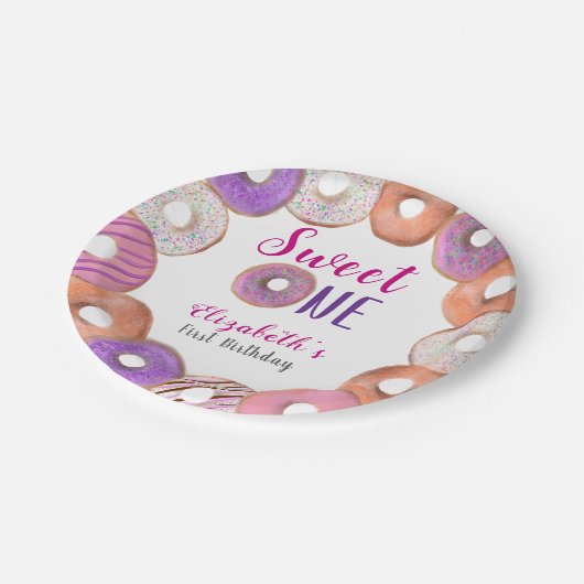 Roze Donut Sweet One First Birthday Custom Papieren Bordje (Gekanteld)