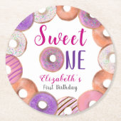 Roze Donut Sweet One First Birthday Custom Ronde Kartonnen Onderzetter (Voorkant)