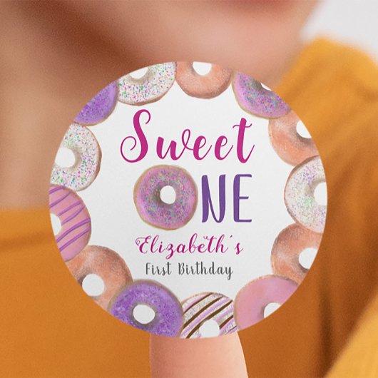 Roze Donut Sweet One First Birthday Custom Ronde Sticker
