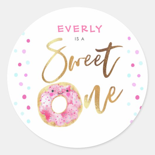 Roze Donut Sweet One Meisjes Verjaardagsfeest Ronde Sticker (Voorkant)