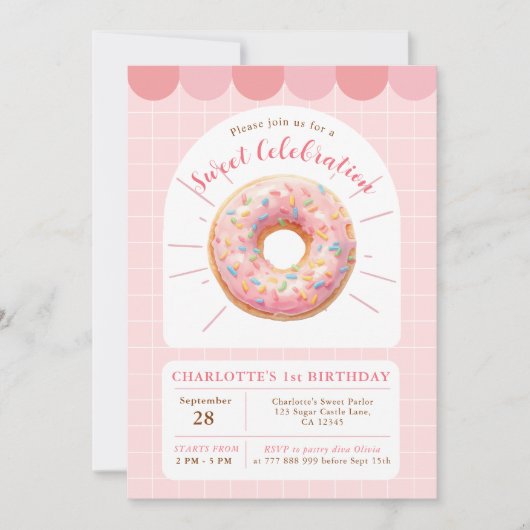 Roze Donut Sweet Shop Uitnodiging voor verjaardag (Voorkant)